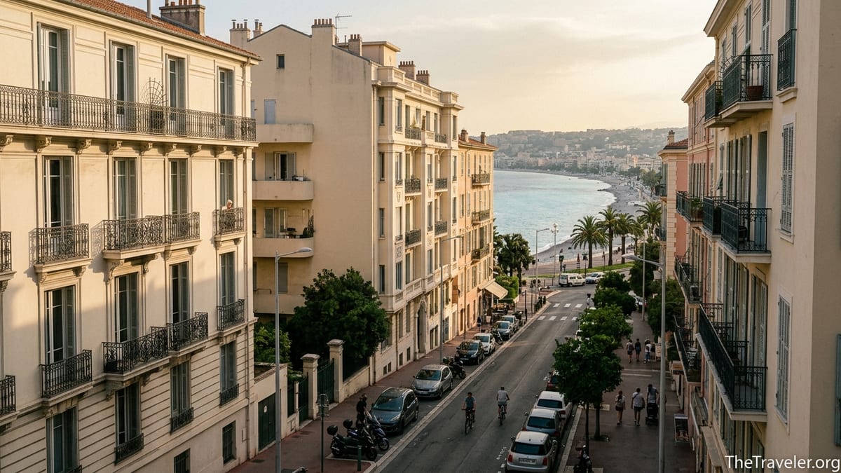 View over Nice’s Musiciens district toward the Promenade des Anglais and the sea at sunset.