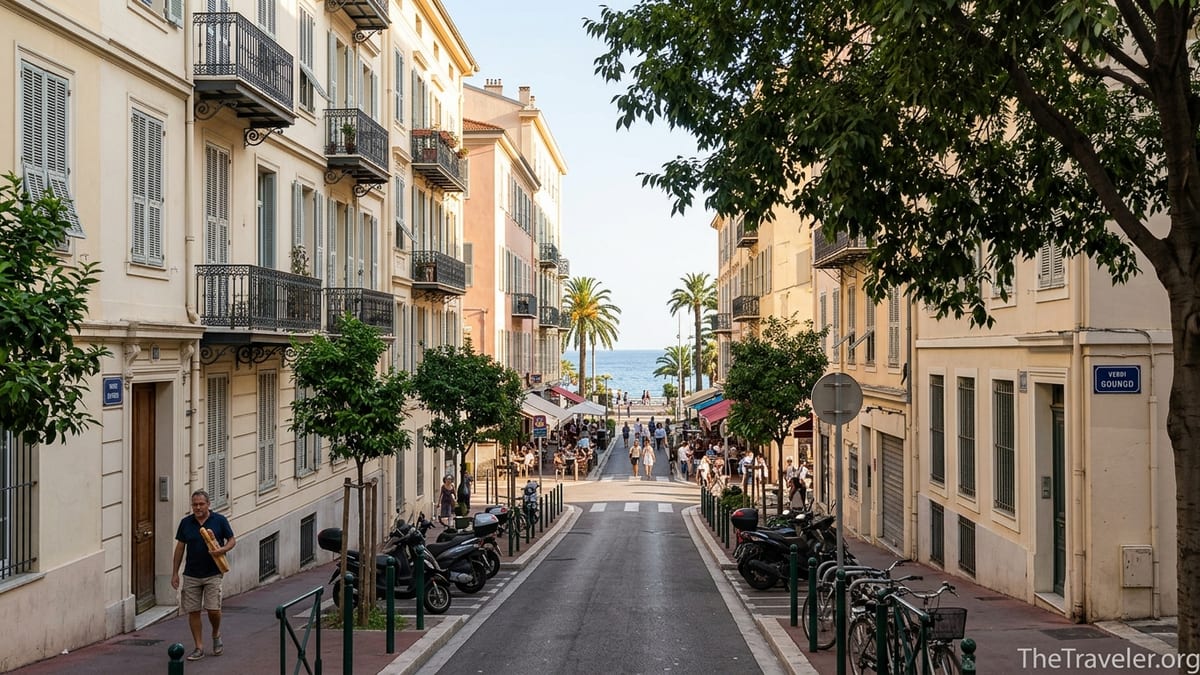 Quiet Belle Époque street in Nice’s Musiciens district leading toward lively Carré d’Or and the sea.