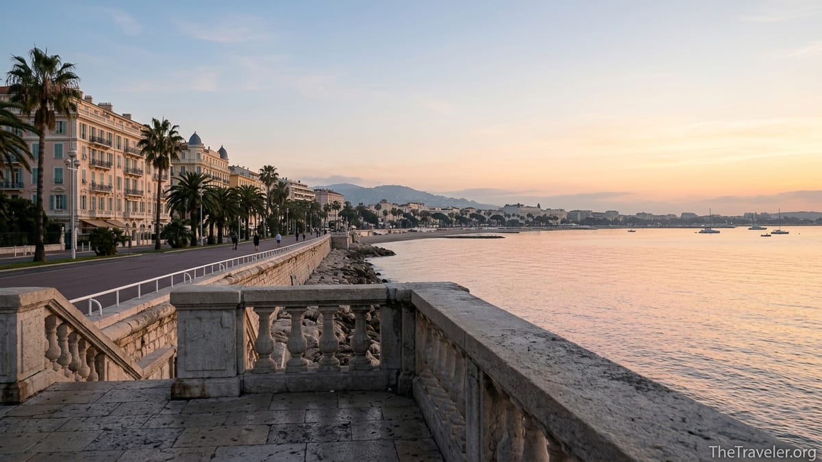 Panoramic sunrise view over Nice’s bay with distant Cannes coastline and yachts on the French Riviera