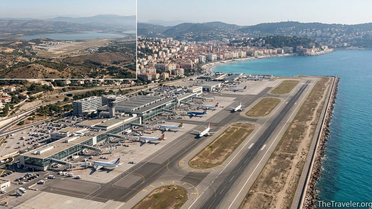 Aerial view of Nice airport by the sea with Riviera coastline and inland Provence hills.