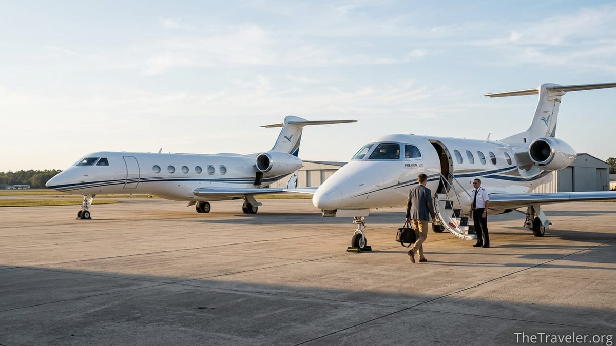 Nicholas Air style private jets on a sunlit ramp as a traveler boards with a pilot waiting at the stairs.
