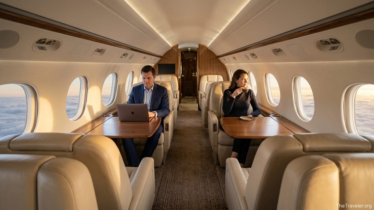 Business travelers seated in a spacious luxury private jet cabin at sunset.