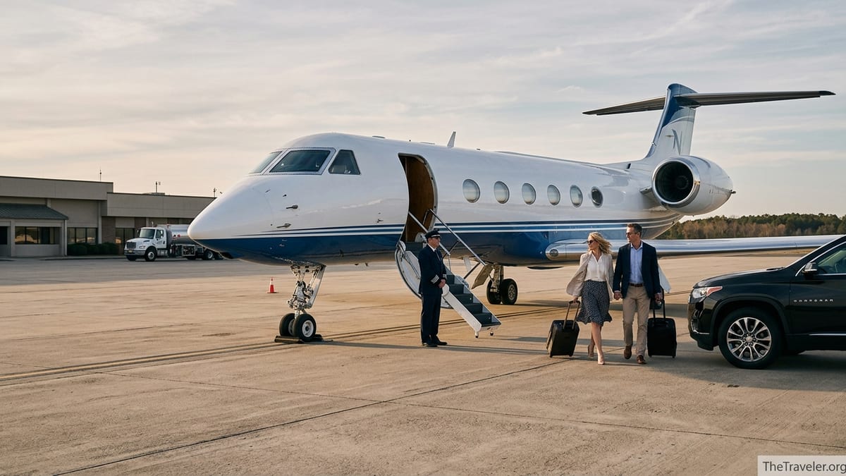 Travelers walking toward a Nicholas Air private jet at sunset on a quiet airport ramp.