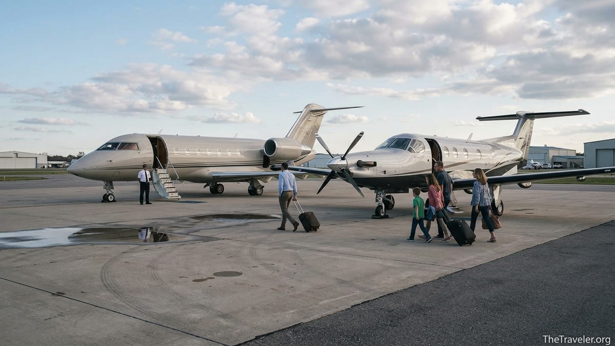 Business jet and turboprop on a ramp as travelers walk toward boarding at a private airport.