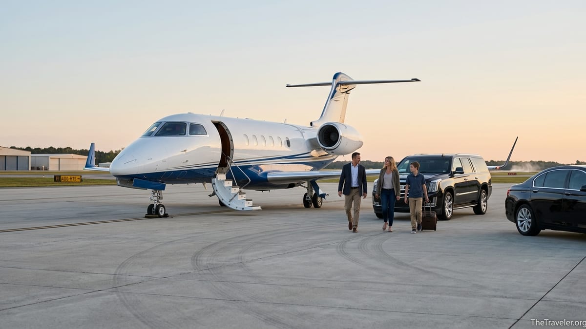 Travelers walk from a private jet to a waiting car on a sunlit airport ramp.