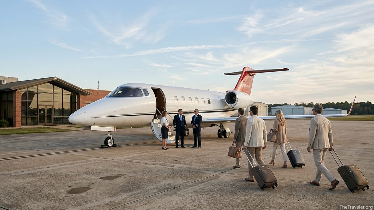 Travelers walking toward a Nicholas Air private jet at sunset on a quiet airport ramp.