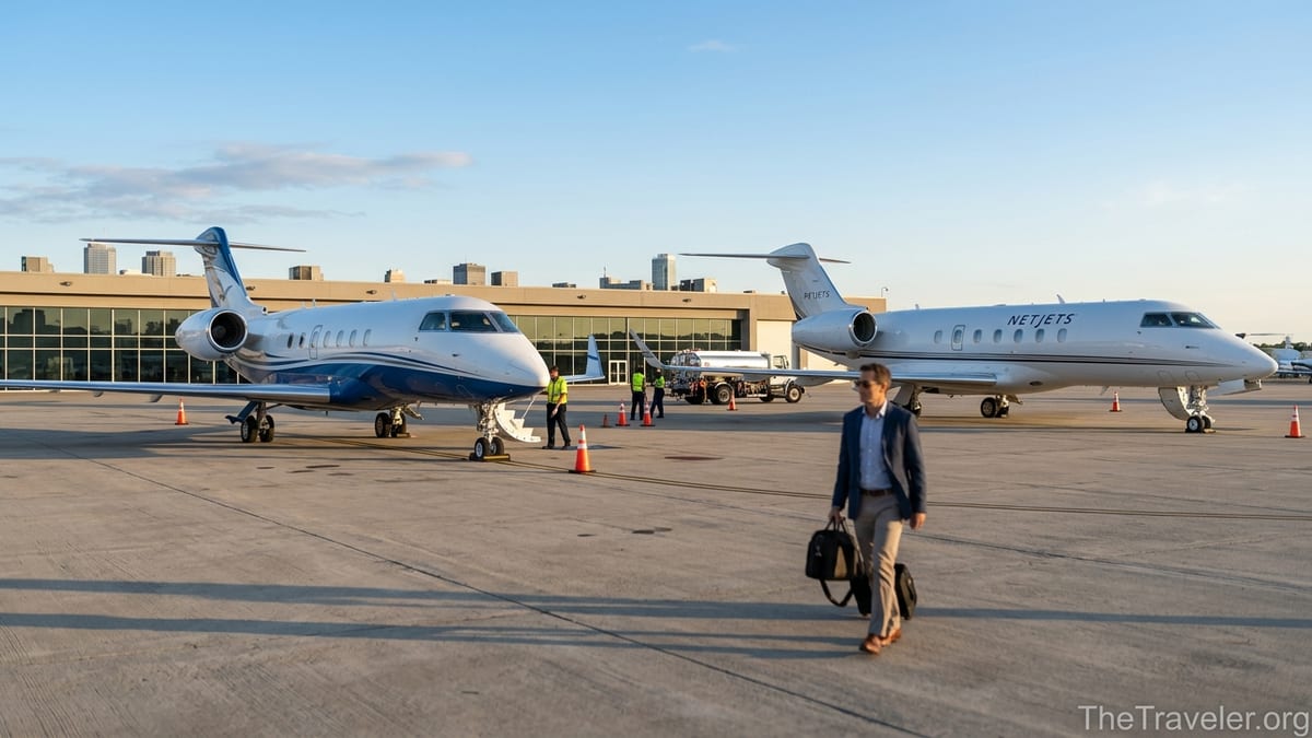Private jets from two operators parked side by side on an airport ramp at sunrise.
