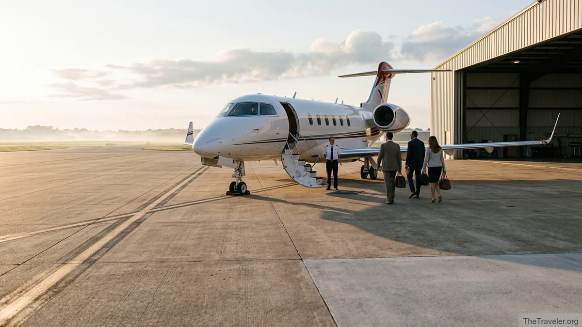 Travelers walking toward a modern private jet at sunrise on an airport ramp