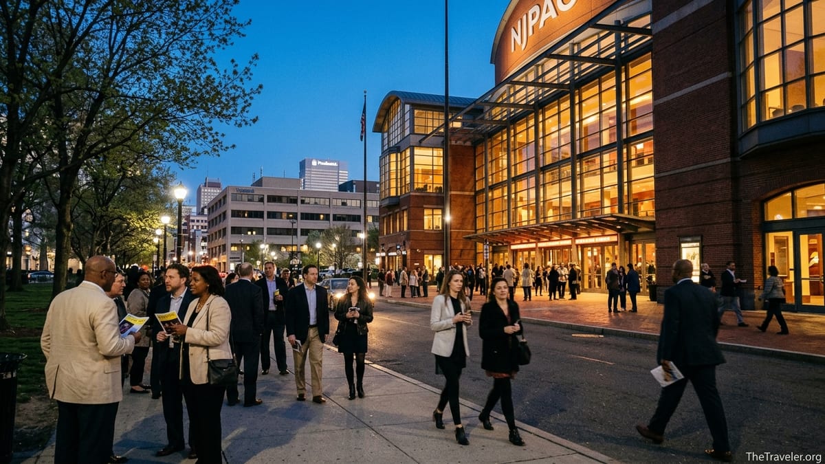 Evening crowd walking near the warmly lit New Jersey Performing Arts Center in downtown Newark.