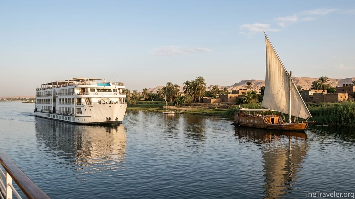Large Nile cruise ship passing a smaller dahabeya sailing boat at sunset on the Nile in Egypt.