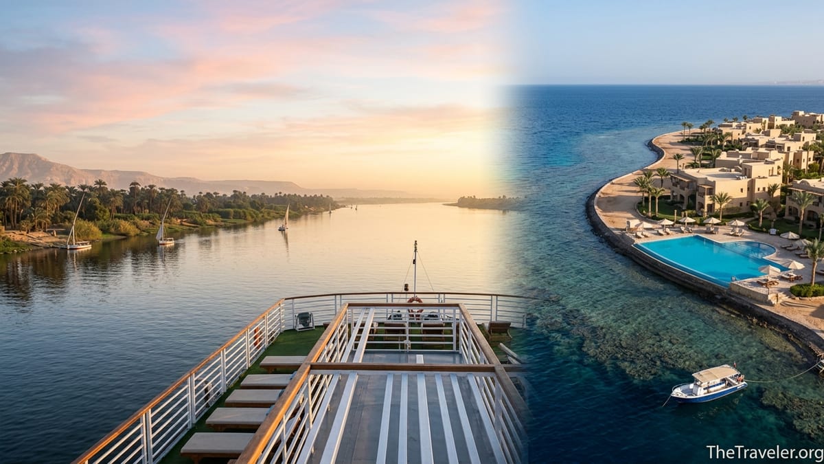View of a Nile cruise boat deck merging into a Red Sea resort beach at sunrise in Egypt.