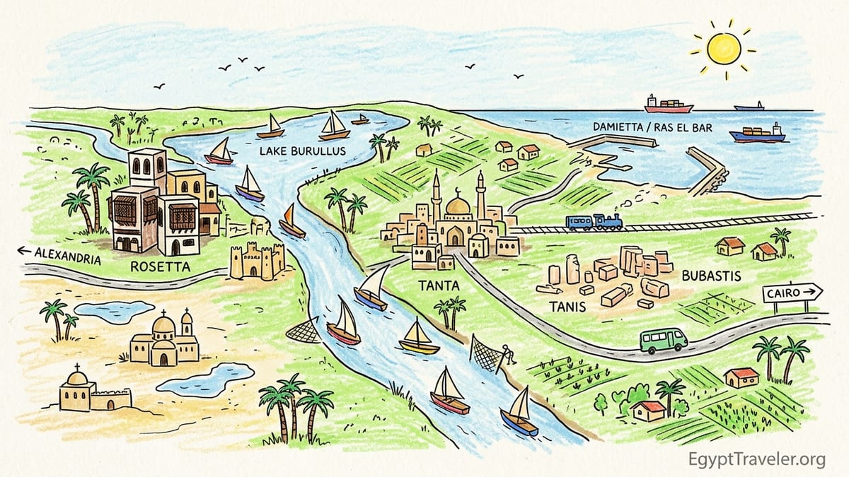 Aerial view of Egypt’s Nile Delta where the Damietta branch meets the Mediterranean Sea.