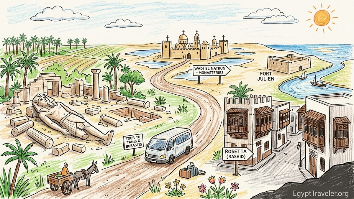 Travelers step from a tour van onto a quiet Nile Delta road at sunrise near distant ruins and palm groves.