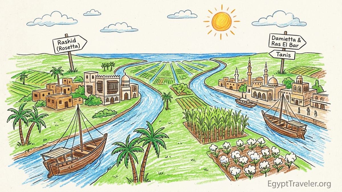 Aerial view of the Nile Delta showing river branch, canals, fields and a small town at sunset.