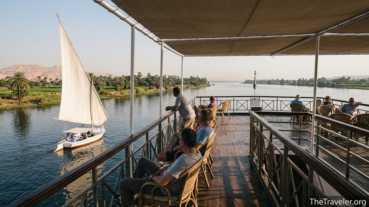 Nile cruise boat passing a felucca with palm lined banks and desert hills in the background