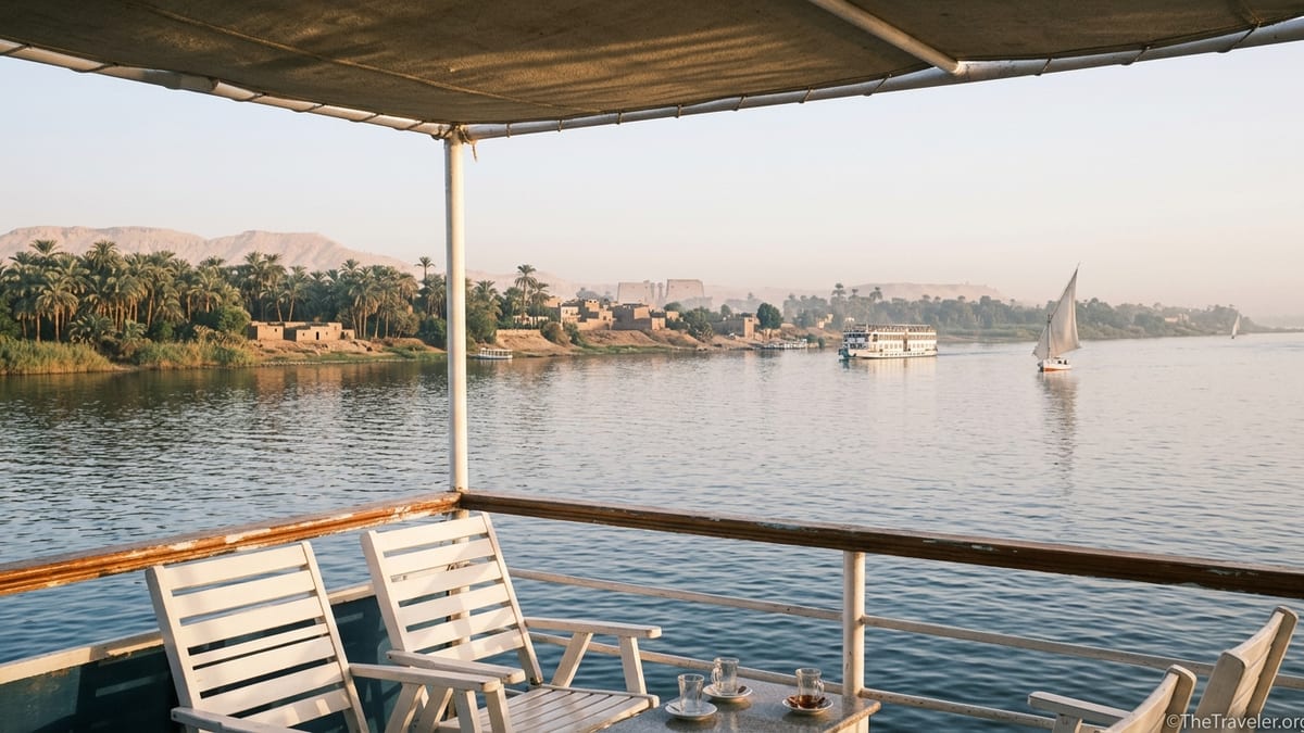 Sunrise view from a Nile cruise ship deck sailing past palm-lined banks between Luxor and Aswan.