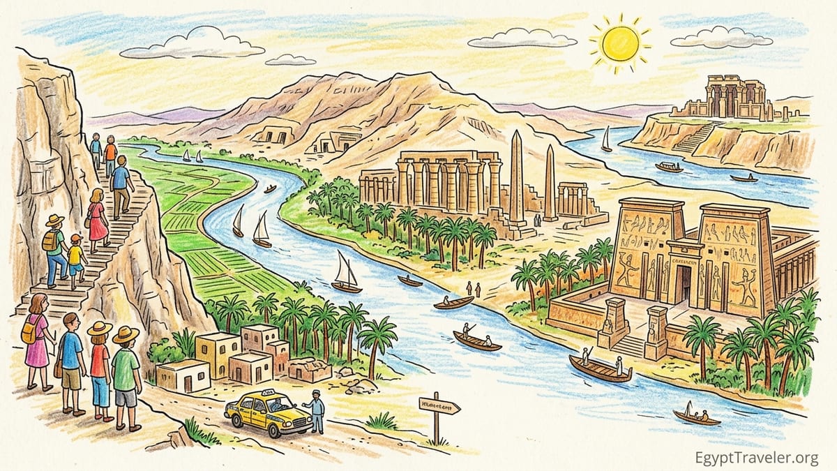View of Nile Valley fields below the cliff tombs of Beni Hassan at sunrise.