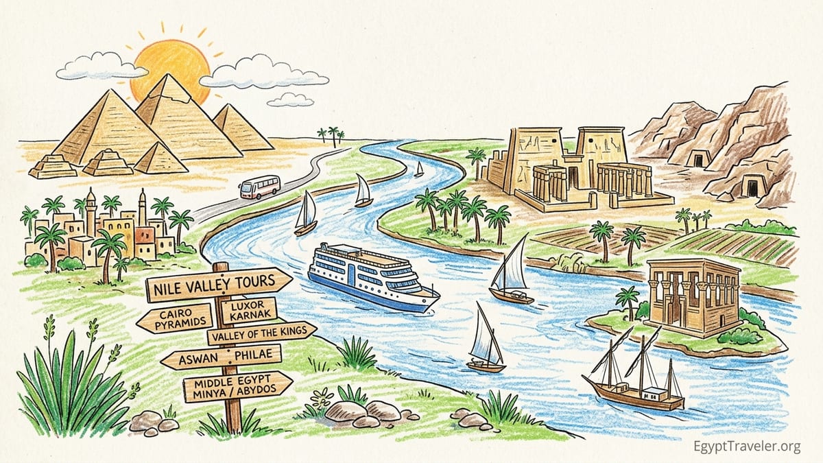 Dawn view of the Nile near Luxor with a dahabiya, cruise ship, palm groves and desert hills.