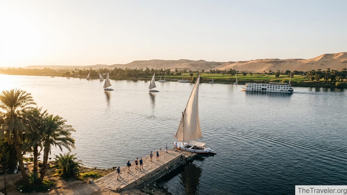 Feluccas and a Nile cruise ship sailing the Nile at sunset between palm lined banks.