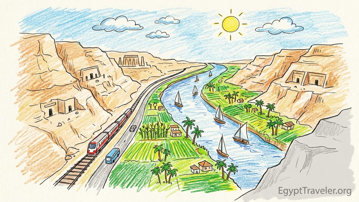 Aerial-style view of the Nile Valley in Egypt with green fields, the river and surrounding desert cliffs.