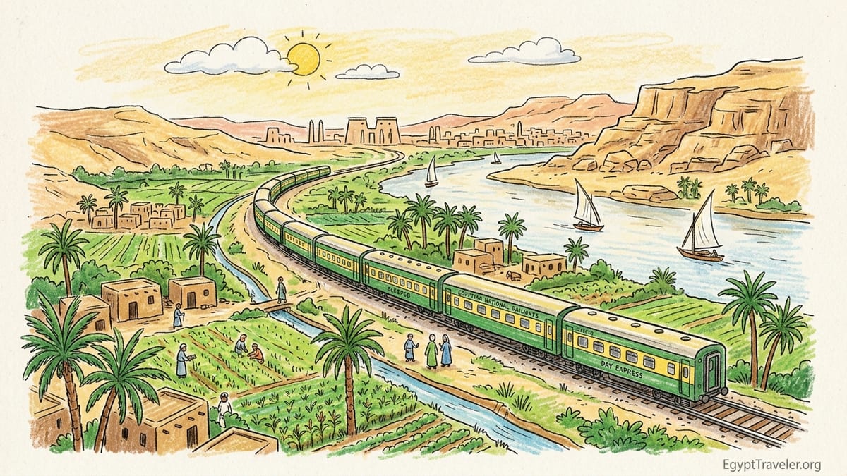 Travellers boarding an early-morning train at a Nile Valley station in Egypt.