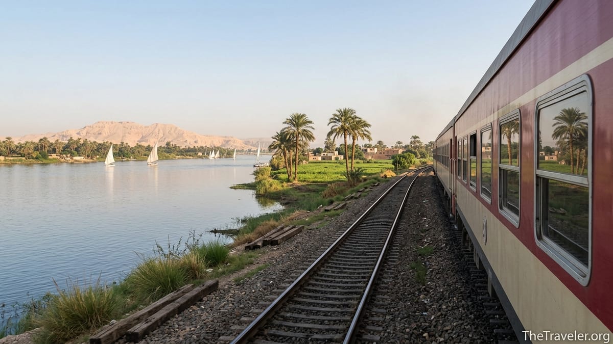 Modern train running beside the Nile River between Luxor and Aswan on a sunny afternoon