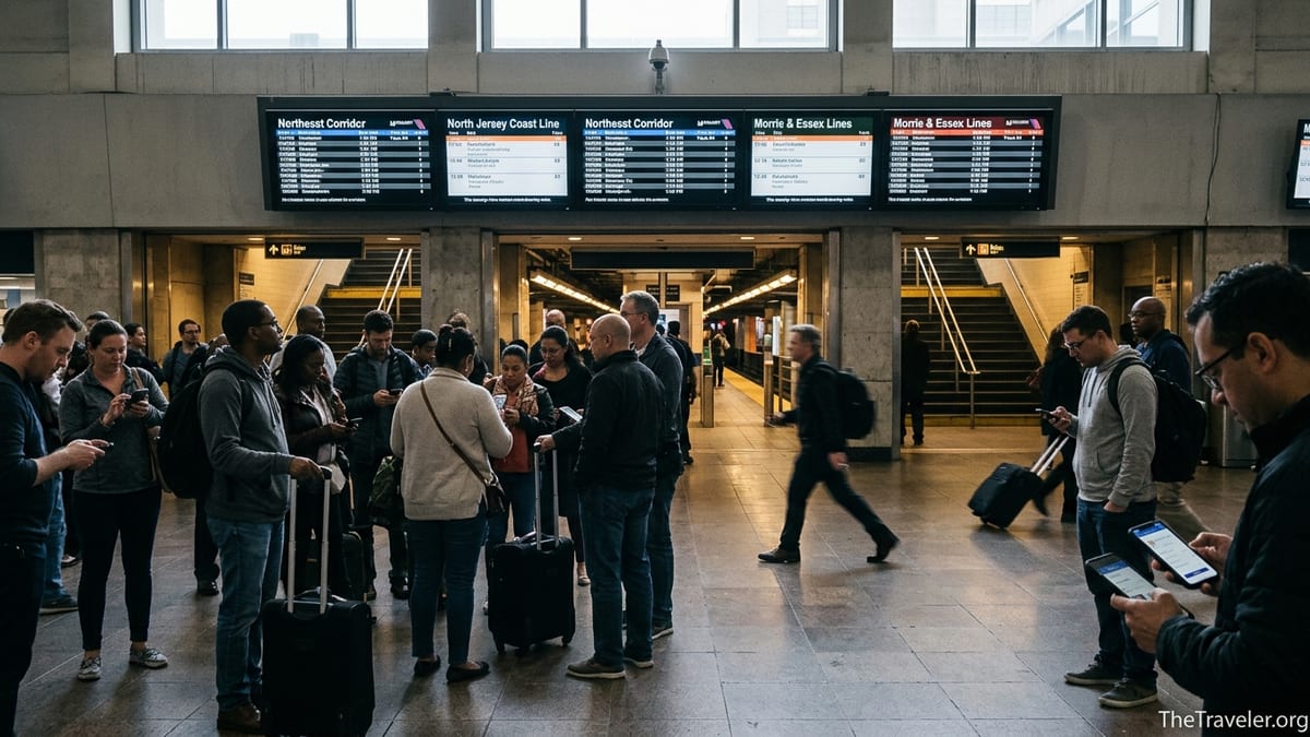 Crowds reading NJ Transit departure boards inside New York Penn Station concourse.
