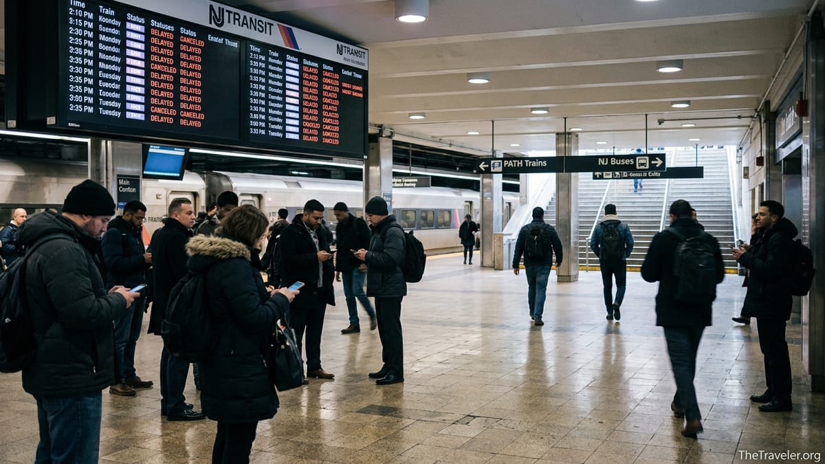 Crowded New York Penn Station as NJ Transit riders check delays and seek alternate routes.