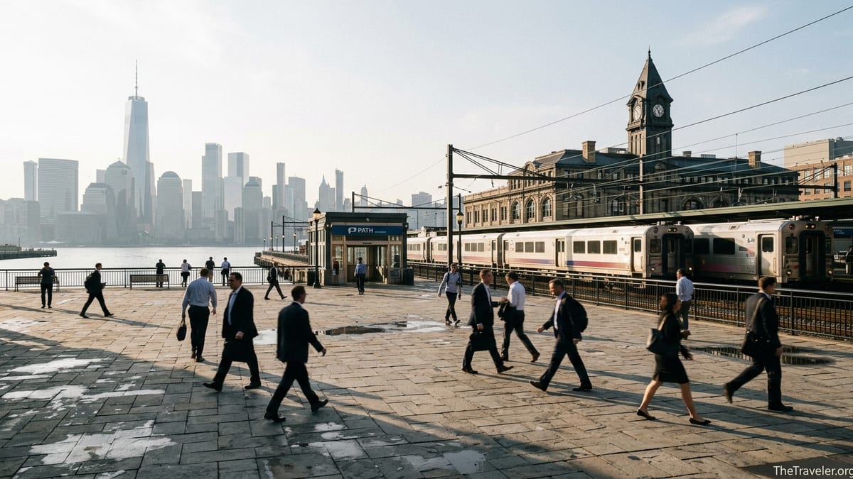Morning commuters between NJ Transit trains and PATH at Hoboken Terminal with Manhattan skyline in background.