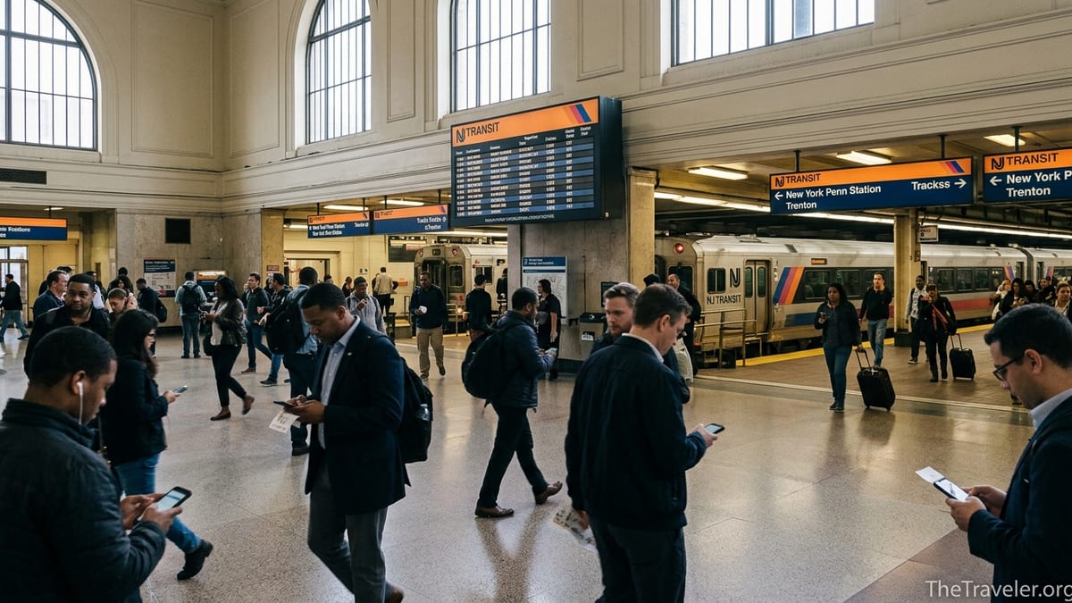 Commuters inside Newark Penn Station checking NJ Transit schedules and boarding platforms.