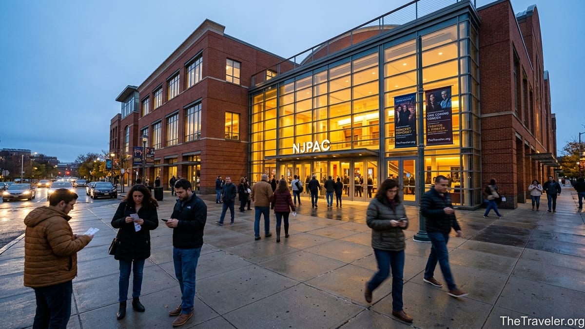 Evening crowd walking toward the illuminated New Jersey Performing Arts Center in Newark.