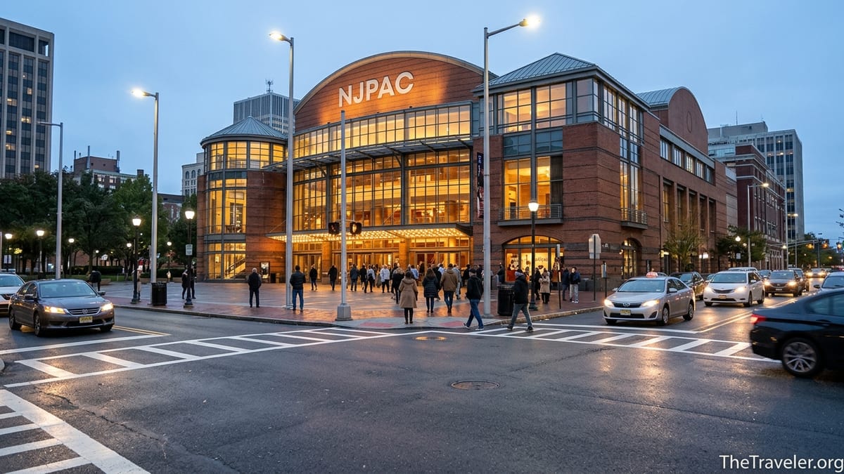 Evening crowd approaching the illuminated New Jersey Performing Arts Center entrance in downtown Newark.