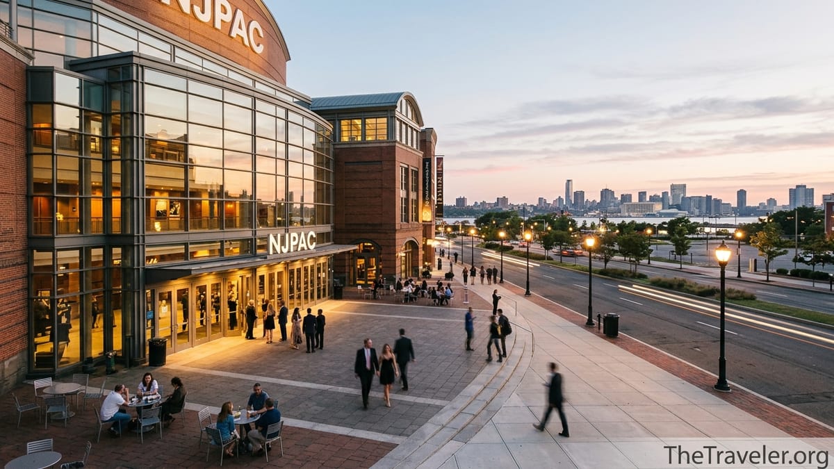 Evening crowd outside New Jersey Performing Arts Center plaza under warm lights