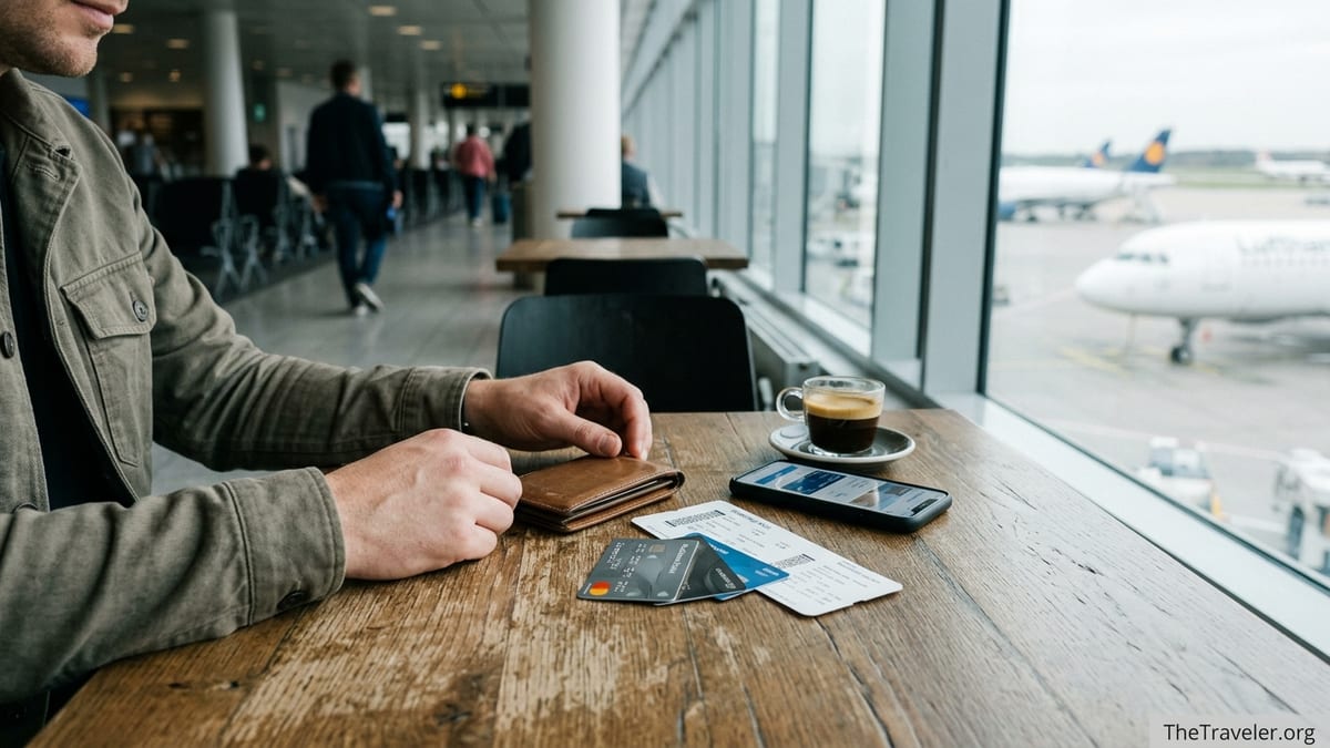 Traveler at airport café table reviewing several no-annual-fee travel credit cards before a flight.