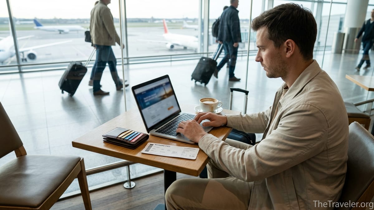 Traveler in an airport lounge using credit cards and laptop to book a trip.