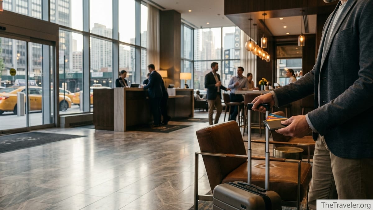 Traveler in modern hotel lobby holding wallet with credit cards near suitcase at check-in.