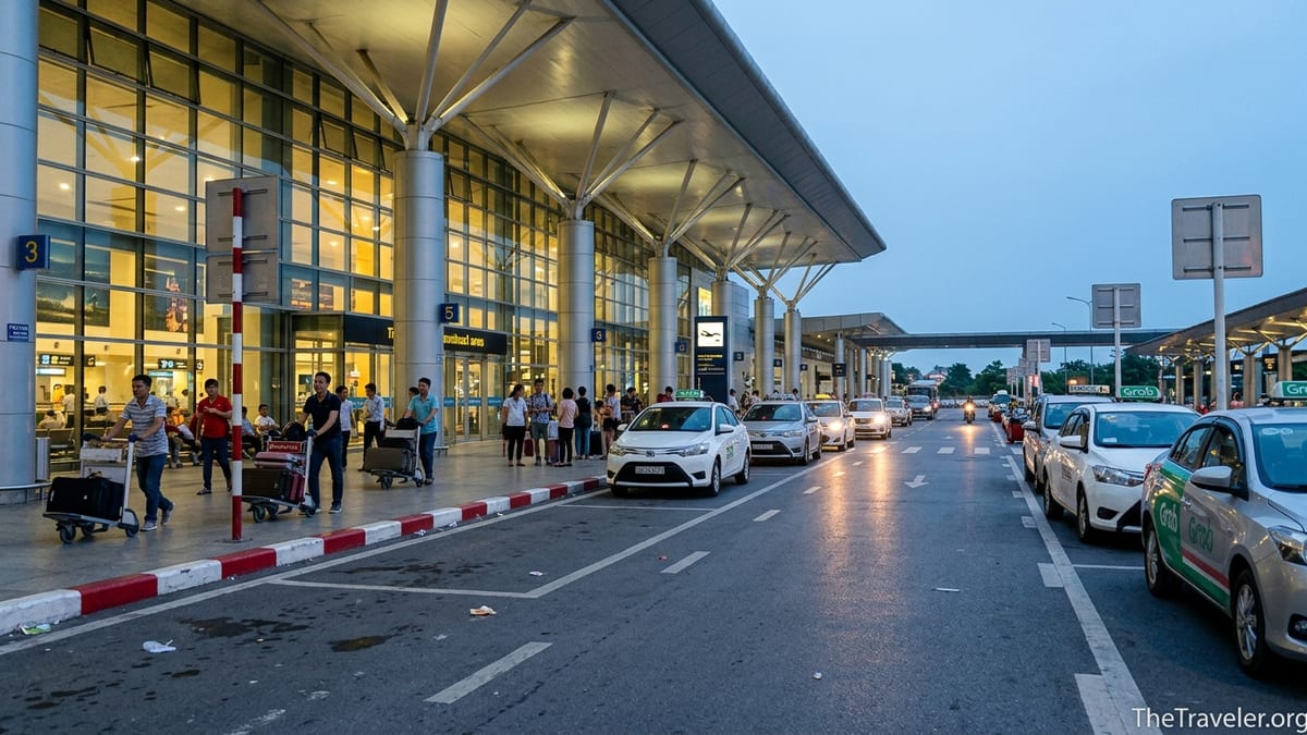 Travelers with luggage meeting Grab cars outside Hanoi Noi Bai Airport Terminal 2 in the early evening.
