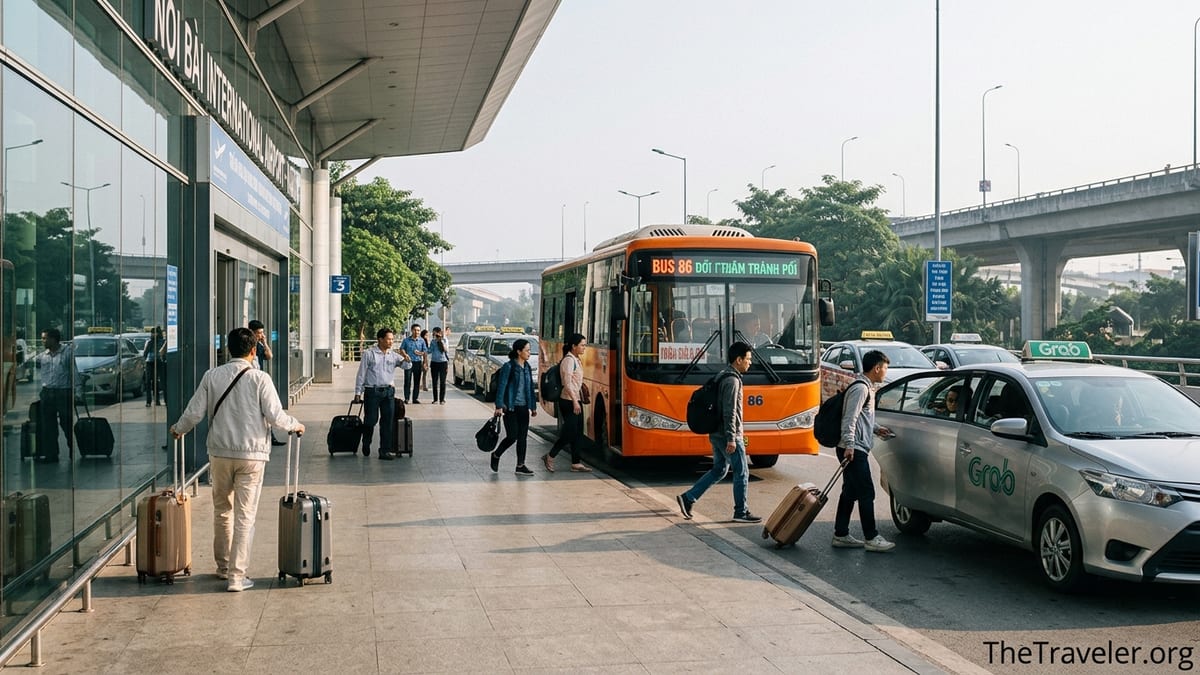 Travelers boarding Hanoi’s Bus 86 and taxis outside Noi Bai Airport in the morning.