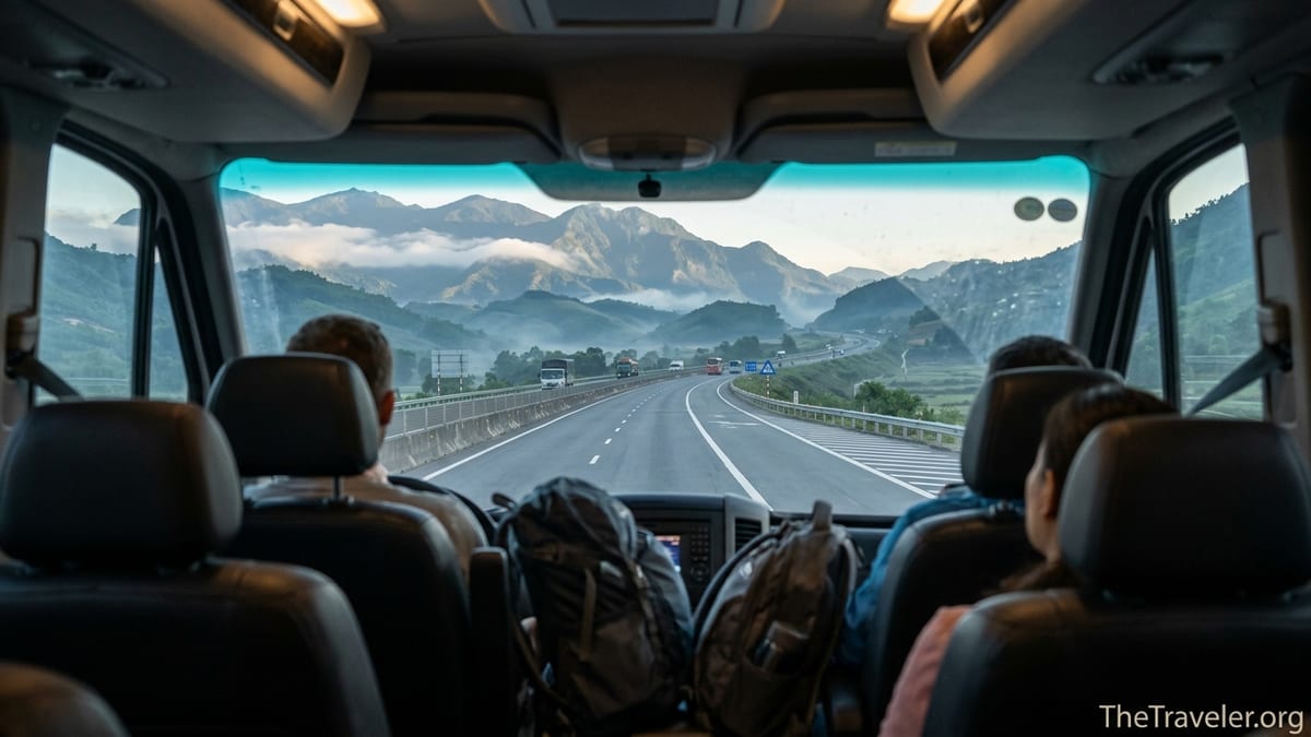Passengers in a limousine van from Hanoi airport driving toward the misty mountains near Sapa at dawn.