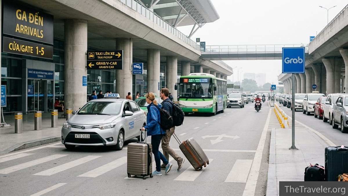 Arriving travelers choosing taxis and buses outside Hanoi Noi Bai Airport.
