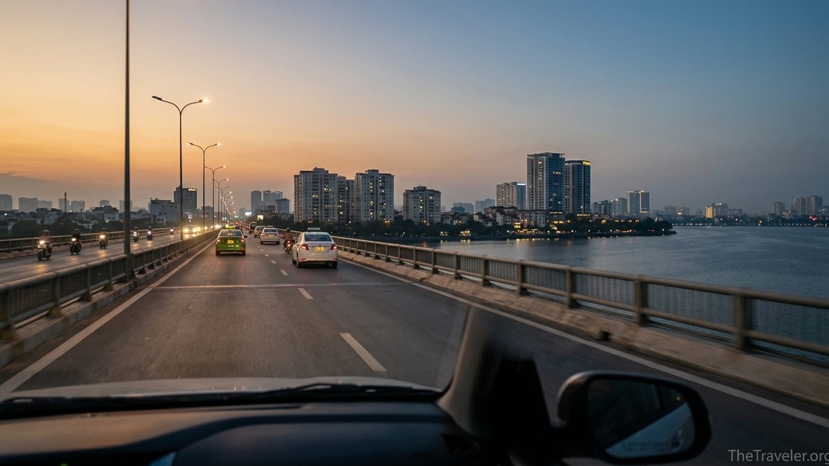 Evening taxi ride over Nhat Tan bridge heading toward Hanoi’s West Lake and Tay Ho skyline.
