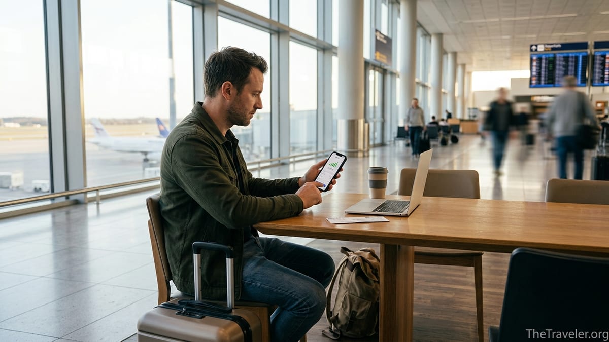 Traveler in airport lounge checking eSIM app on smartphone by large windows.