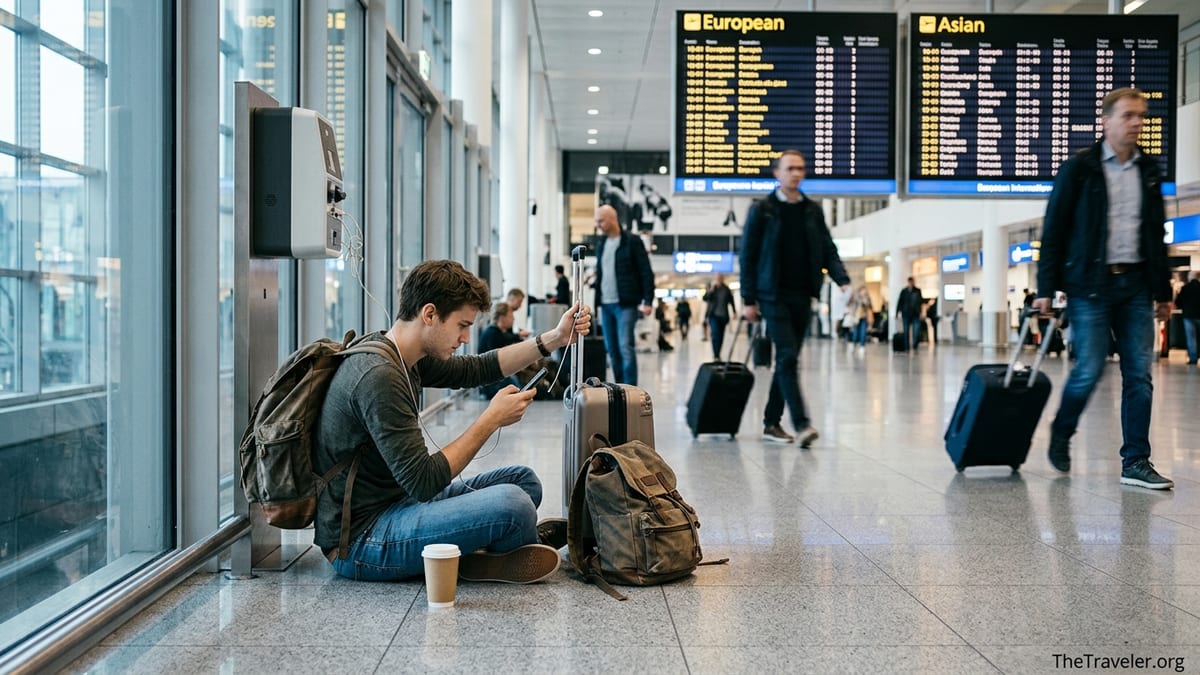 Traveler in an airport departure hall configuring an eSIM on a smartphone.