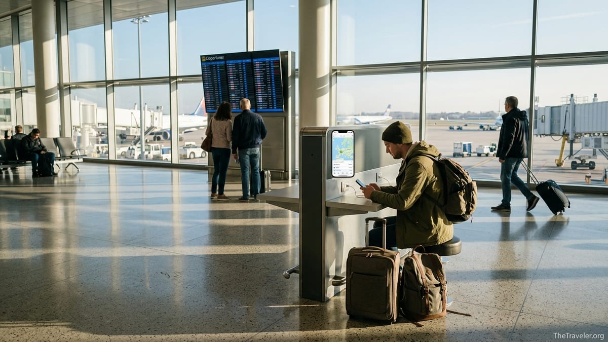 Traveler in an airport lounge using an eSIM app on their phone before a flight