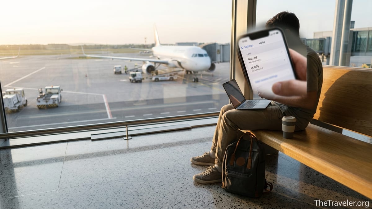 Traveler at airport comparing Nomad and Holafly eSIM options on a smartphone.