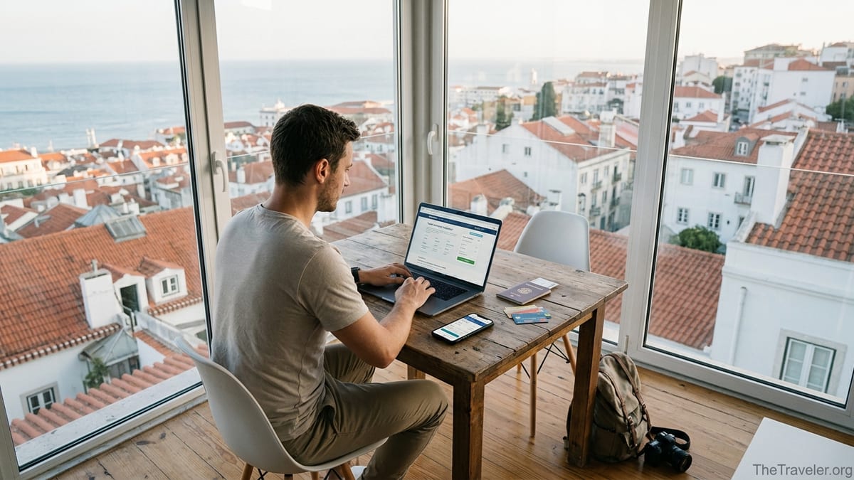 Digital nomad comparing travel insurance options in a coworking space with a coastal city view.