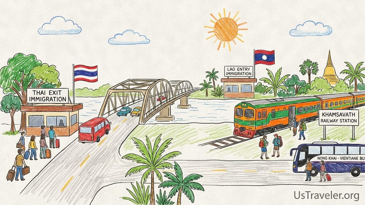 Travelers crossing the Thai-Lao Friendship Bridge border near Nong Khai with train and bus options to Vientiane