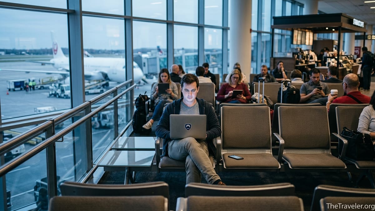 Traveler using a laptop on airport Wi‑Fi with other passengers in a busy terminal.
