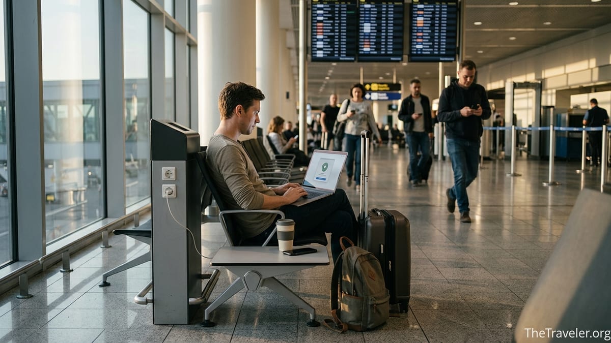 Traveler using a laptop with VPN in a busy airport lounge on public Wi‑Fi.