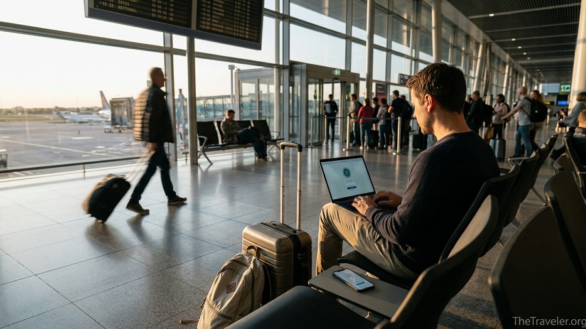 Traveler using a laptop and phone with VPN at an airport gate in soft evening light.